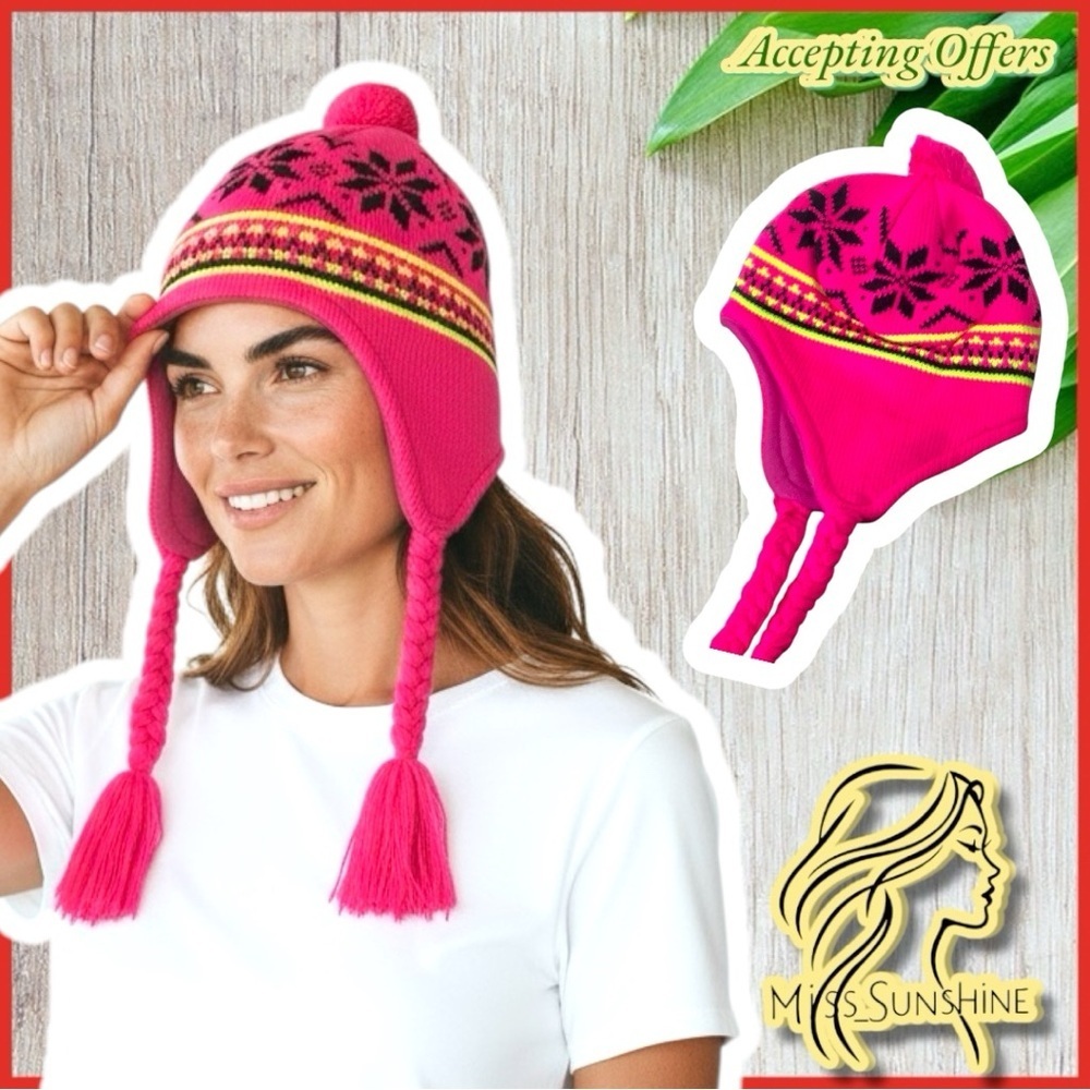 NEW - Pom Hat with braided fringe ends - fleece inside soft & warm